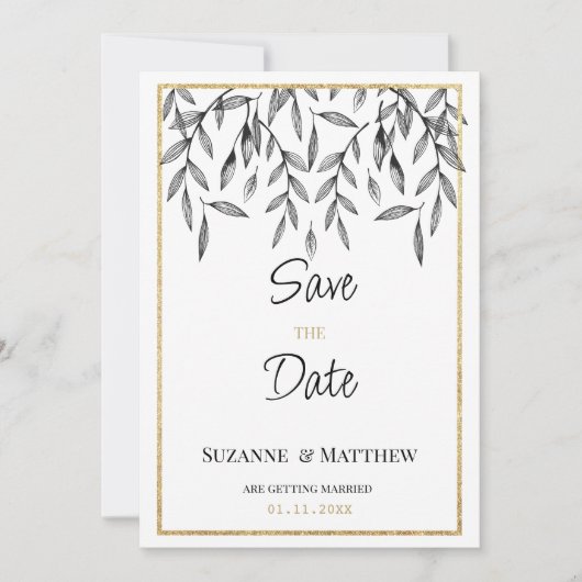 Einfaches Schwarz-weißes Blattgold Save the Date Einladung (Vorderseite)
