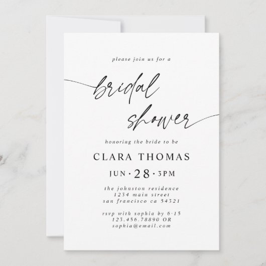 Einfaches Schwarz-weißes Brautparty-Skript Einladung (Vorderseite)