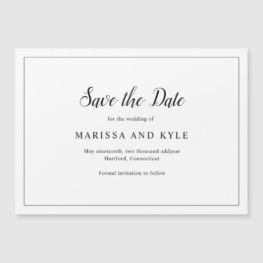 Einfaches Schwarz-weißes Elegant Speichern des Dat Magneteinladung (Vorderseite)