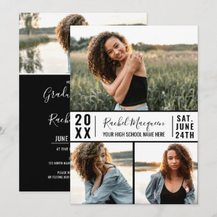 Einfaches Schwarz-weißes Foto Grid Abschluss Einladung