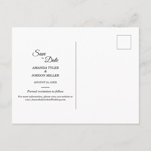 Einfaches Schwarz-weißes Foto Save the Date Ankündigungspostkarte (Rückseite)