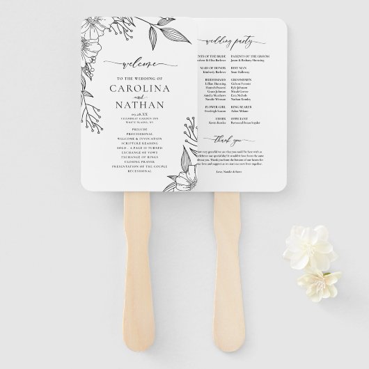 Einfaches Schwarz-weißes Hochzeitsprogramm für Ele Fächer (Vorne und Hinten)