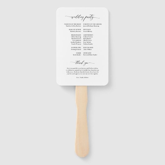 Einfaches Schwarz-weißes Hochzeitsprogramm für Ele Fächer (Rückseite)