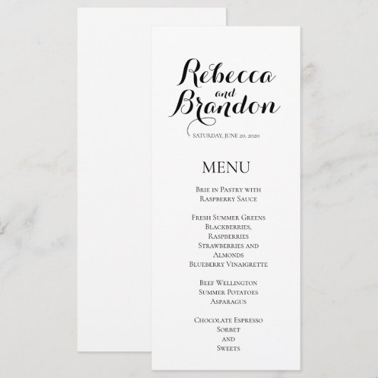 Einfaches Schwarz-weißes Skript-Hochzeitmenü Programm (Vorne/Hinten)