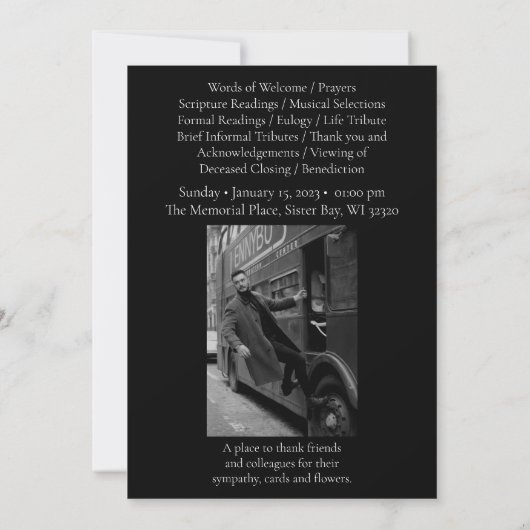 Einfaches Schwarzes Foto-Beerdigungsprogramm Einladung (Rückseite)