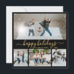 Einfaches Schwarzes Gold 4 Foto Collage Happy Feiertagskarte<br><div class="desc">Elegante Kalligraphie, Minimalistisch Schwarz und Gold 4 Foto Collage Happy Holiday Script Card. Diese festliche, einfache 4 (4) Foto Weihnachtskarte bietet eine hübsche Foto Collage und sagt "Happy Holidays"! Der Grußtext "Happy Holidays" ist in einem Wirblen Schwanz-Schriftart in Gold auf weißem, schwarzem Hintergrund geschrieben. Auf der Rückseite der Karte mit...</div>