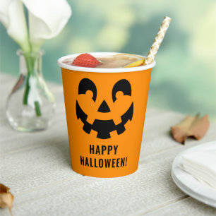 Einfaches schwarzes Happy Halloween-Kürbisgesicht  Pappbecher