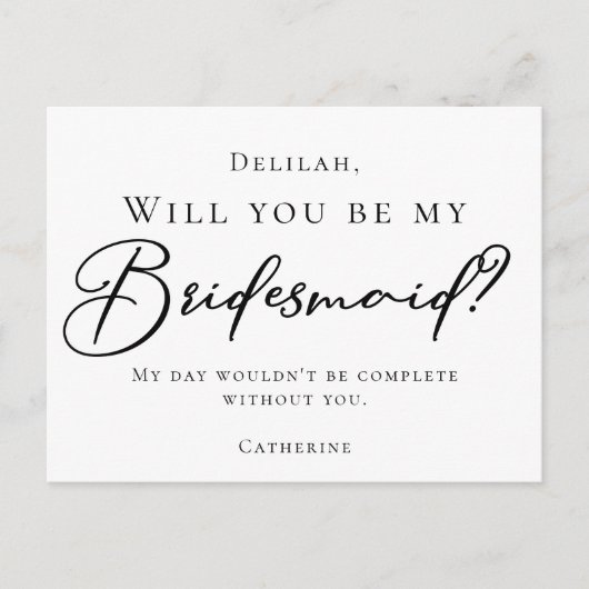 Einfaches schwarzes Script wird meine Bridesmaid s Postkarte (Vorderseite)