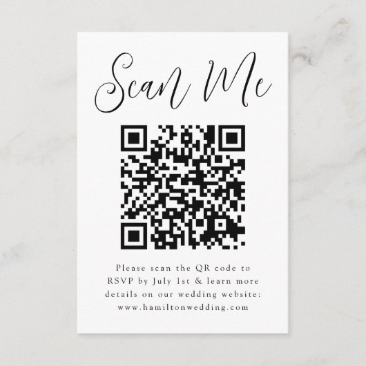 Einfaches Schwarzes Skript QR Code Hochzeit RSVP Begleitkarte (Vorderseite)