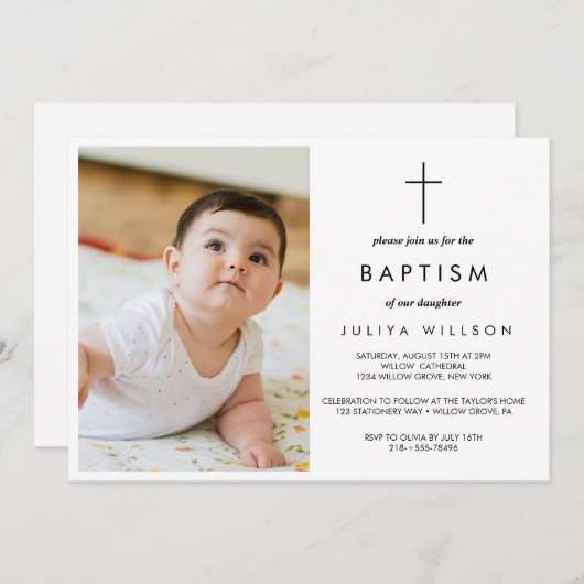 Einfaches schwarzes Taufe-Foto Einladung (Vorne/Hinten)