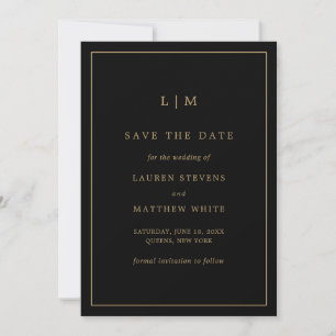 Einfaches schwarzes und goldenes Monogramm Elegant Save The Date