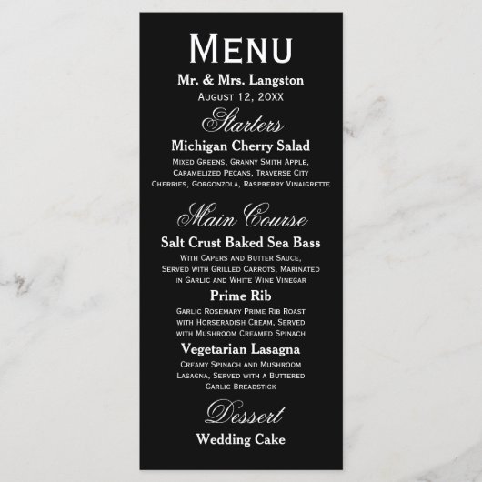 Einfaches Schwarzes/Weiß - Empfangs-Menü Menükarte (Vorderseite)