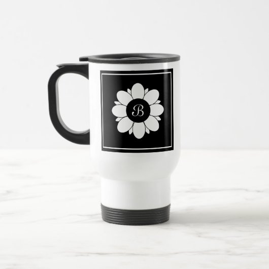 Einfaches Schwarzweiß-Blume-Design Reisebecher (Links)