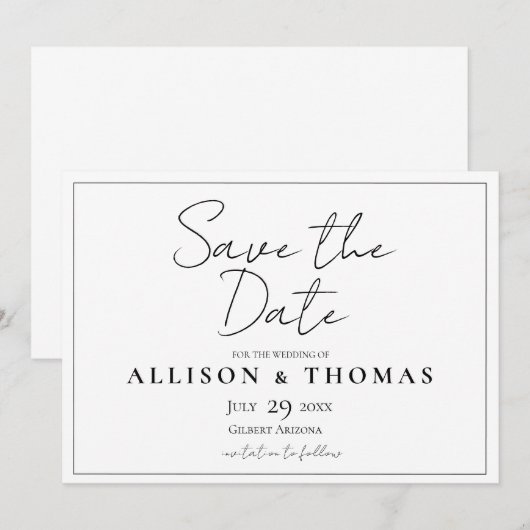 Einfaches Schwarzweiß-Script Save the Date (Vorne/Hinten)