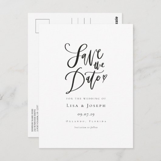 Einfaches Schwarzweiß-Script Save the Date Postkarte (Vorne/Hinten)
