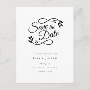 Einfaches Schwarzweiß-Script Save the Date Postkarte