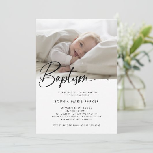 Einfaches Schwarzweiß-Skript | Foto Taufe Einladung (Stehend Vorderseite)