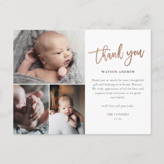 Einfaches Script 3 Foto Collage Baby Danke Postkarte (Vorderseite)
