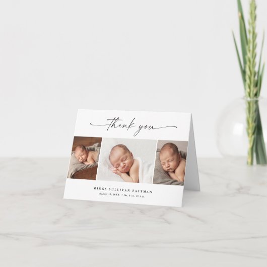 Einfaches Script 3 Foto Collage Baby Dankeskarte (Vorderseite)