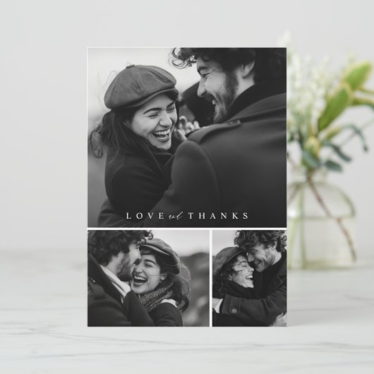 Einfaches Script 3 Foto Collage Wedding Dankeskarte (Stehend Vorderseite)