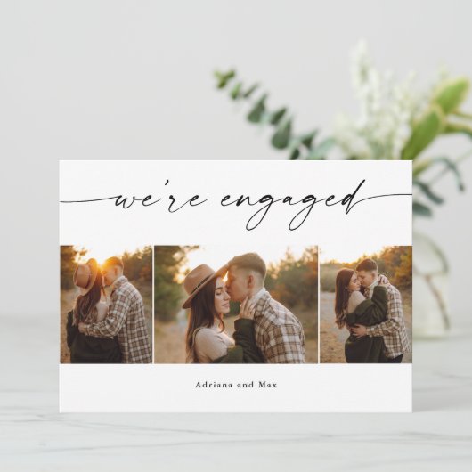 Einfaches Script 3 Foto Collage Wedding Verlobung Einladung (Stehend Vorderseite)