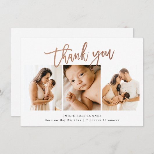 Einfaches Script Baby 3 Foto Geburtsstat Dankeskarte (Vorne/Hinten)