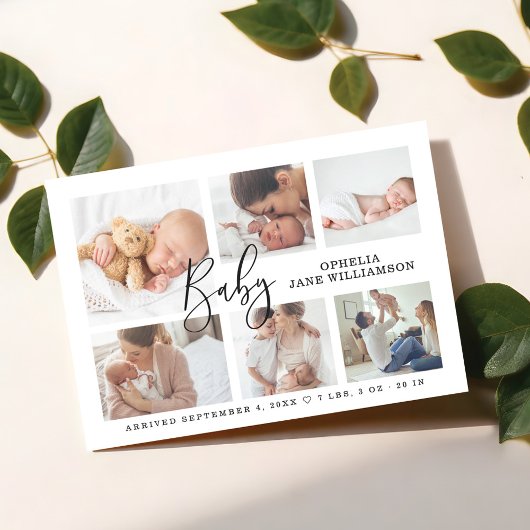 Einfaches Script Baby Birth Foto Collage White Magneteinladung