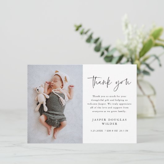Einfaches Script Baby-Foto Dankeskarte (Stehend Vorderseite)