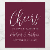 Einfaches Script Burgundy Cheert Liebe Hochzeit Weinetikett (Einzelnes Label)