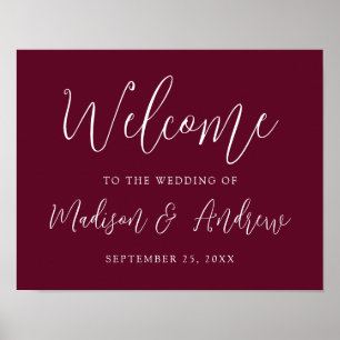 Einfaches Script Burgundy Wedding Willkommen Poster