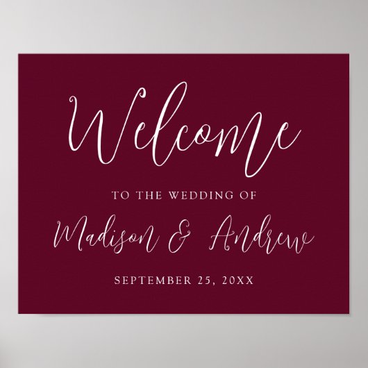 Einfaches Script Burgundy Wedding Willkommen Poster (Vorne)