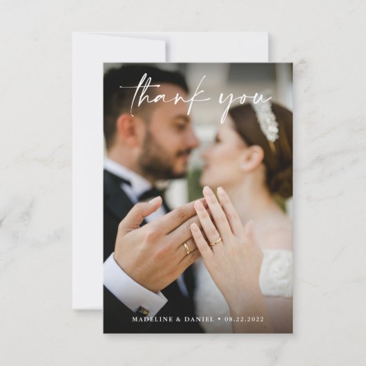 Einfaches Script Dusty Blue mit Foto Wedding Dankeskarte (Vorderseite)