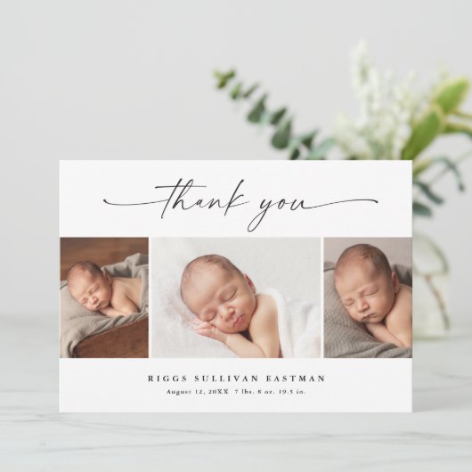 Einfaches Script Foto Collage Baby Dankeskarte (Stehend Vorderseite)
