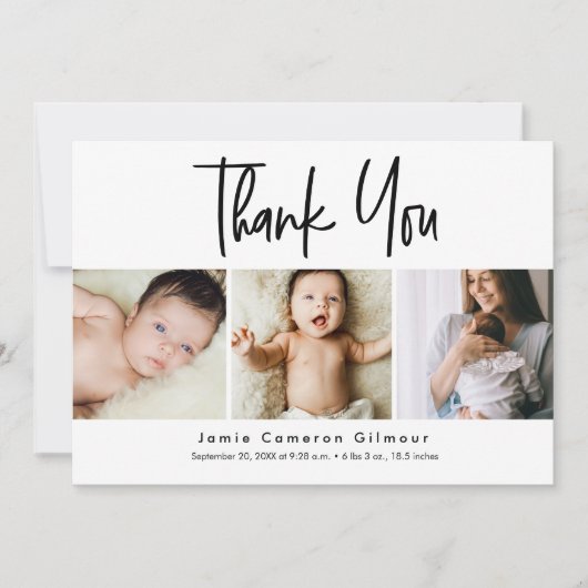 Einfaches Script Foto Collage Baby Dankeskarte (Vorderseite)