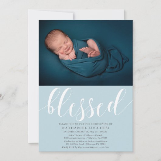 Einfaches Script gesegnetes Foto Einladung feiern (Vorderseite)