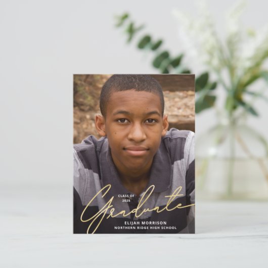 Einfaches Script-Gold-Overlay-Foto-Abschluss Postkarte (Stehend Vorderseite)