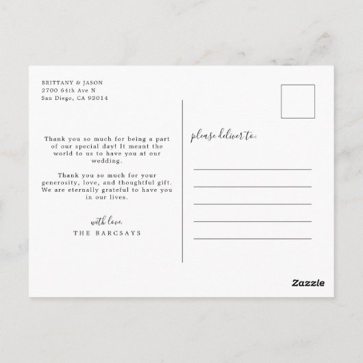 Einfaches Script mit Heart Wedding Danke Foto Postkarte (Rückseite)