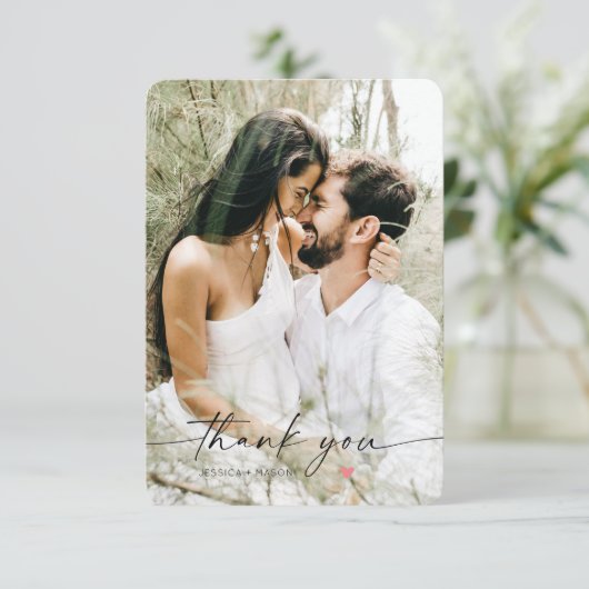 Einfaches Script mit Herz-Hochzeit-Foto Dankeskarte (Stehend Vorderseite)