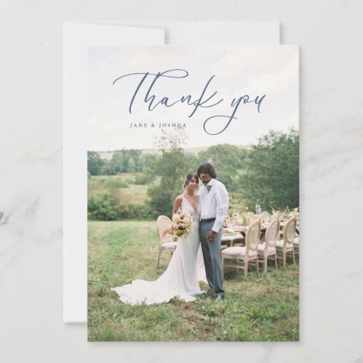 Einfaches Script Modernes Hochzeitsstift Blau (Fot Dankeskarte (Vorderseite)