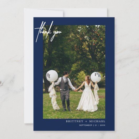 Einfaches Script Navy Foto Modern Dankeschön Karte (Vorderseite)