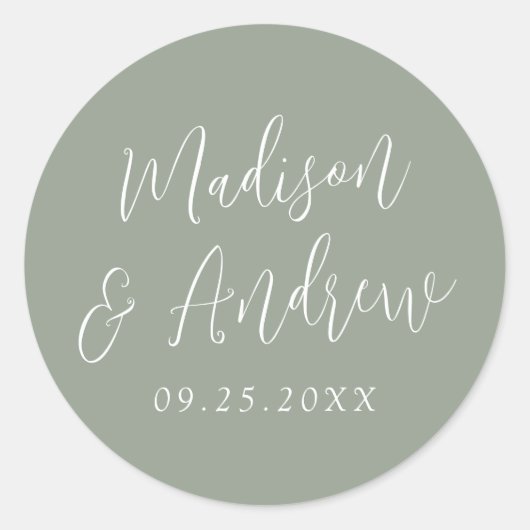 Einfaches Script Personalisiert Sage Green Wedding Runder Aufkleber (Vorderseite)