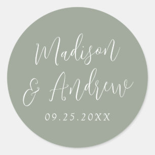 Einfaches Script Personalisiert Sage Green Wedding Runder Aufkleber