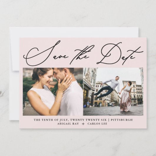 Einfaches Script Roush Rosa Zwei Foto Moderne Save The Date (Vorderseite)