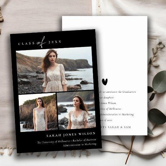 Einfaches Script Schwarz & Weiß 3 Foto Abschluss Ankündigung