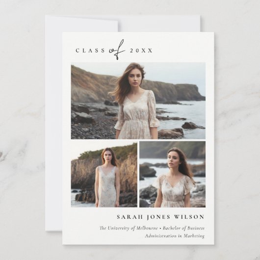 Einfaches Script Schwarz & Weiß 3 Foto Abschluss Ankündigung (Vorderseite)