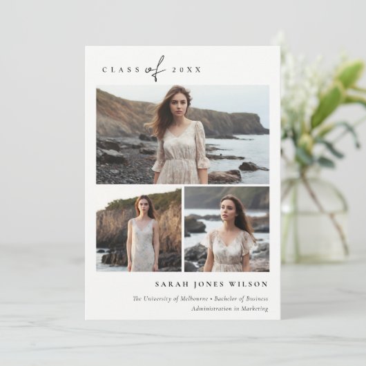 Einfaches Script Schwarz & Weiß 3 Foto Abschluss Ankündigung (Stehend Vorderseite)