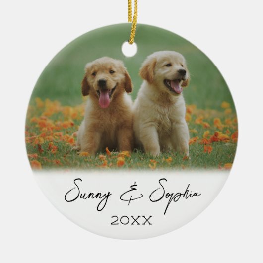 Einfaches Script-Two-Puppy-Hund-Foto Keramik Ornament (Vorne)