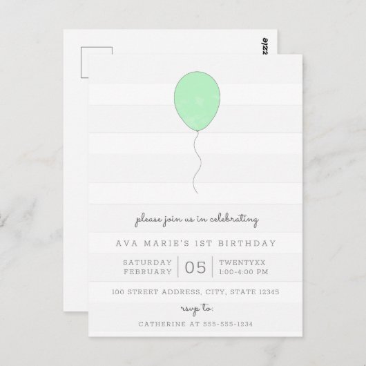 Einfaches Shabby Chic Grau und Grüner Ballon Gebur Postkarte (Vorne/Hinten)