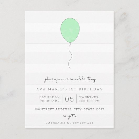 Einfaches Shabby Chic Grau und Grüner Ballon Gebur Postkarte (Vorderseite)