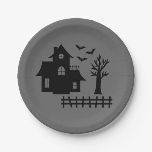 Einfaches Silhouetten-Haus mit Fledermäusen Hallow Pappteller